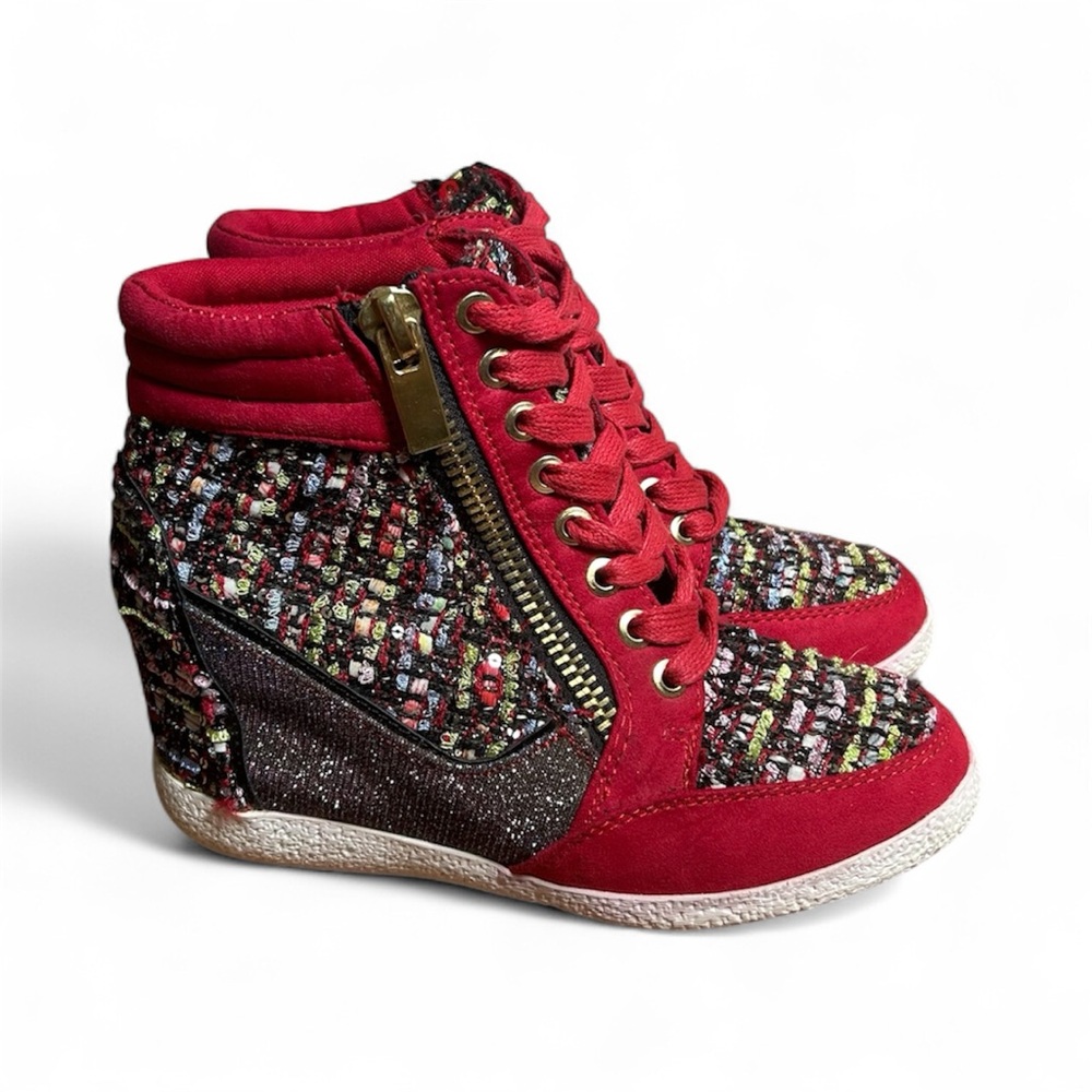 BAMBOO Red and Multicolor High-Top Wedge Sneakers